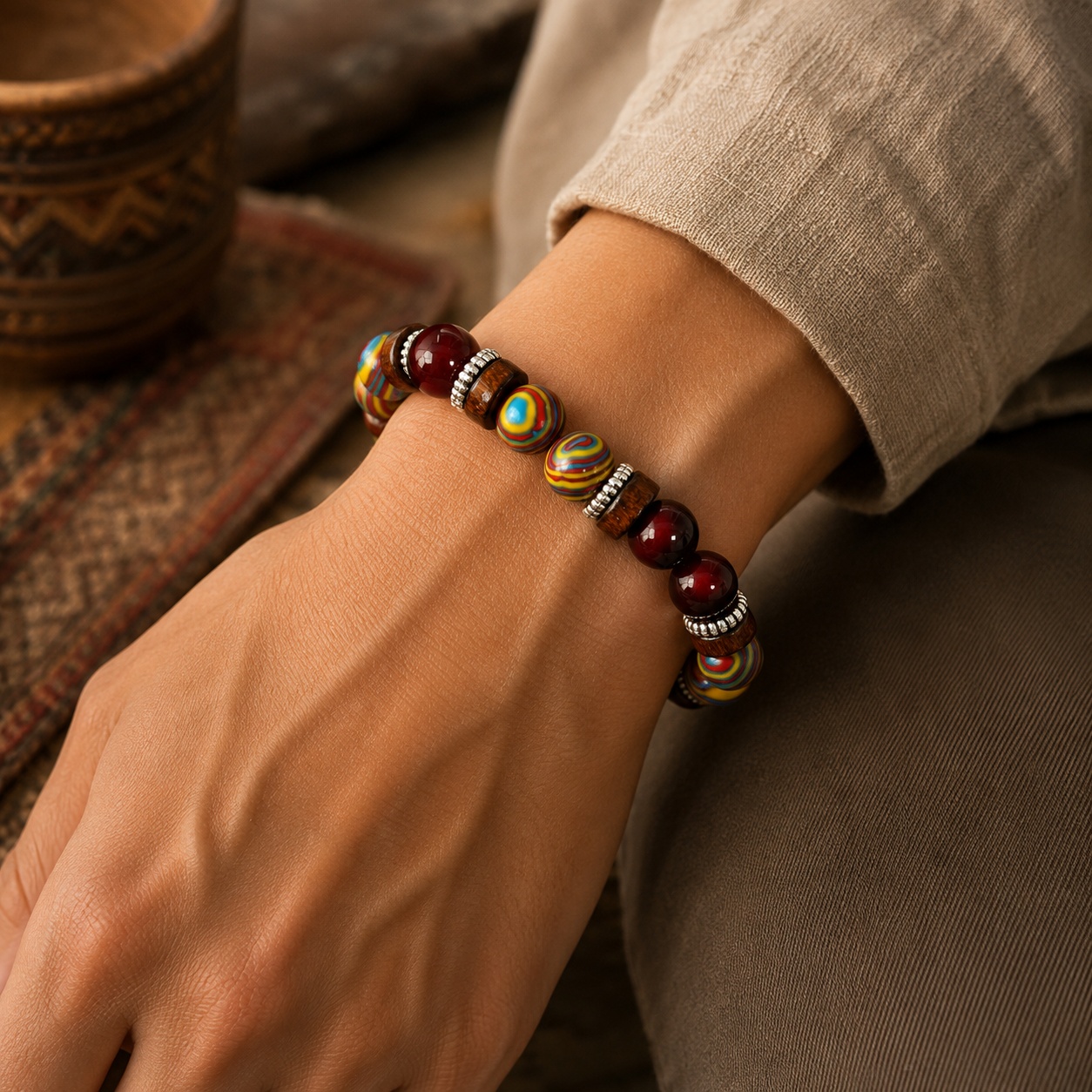 Maillard Vintage Ethnic Style Wine Red Tiger's Eye Beaded Bracelet